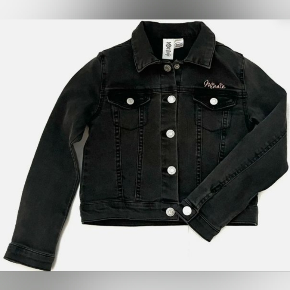 H&M Disney Minnie Washed Denim Jacket Black Long Sleeve Embroidered Size 8